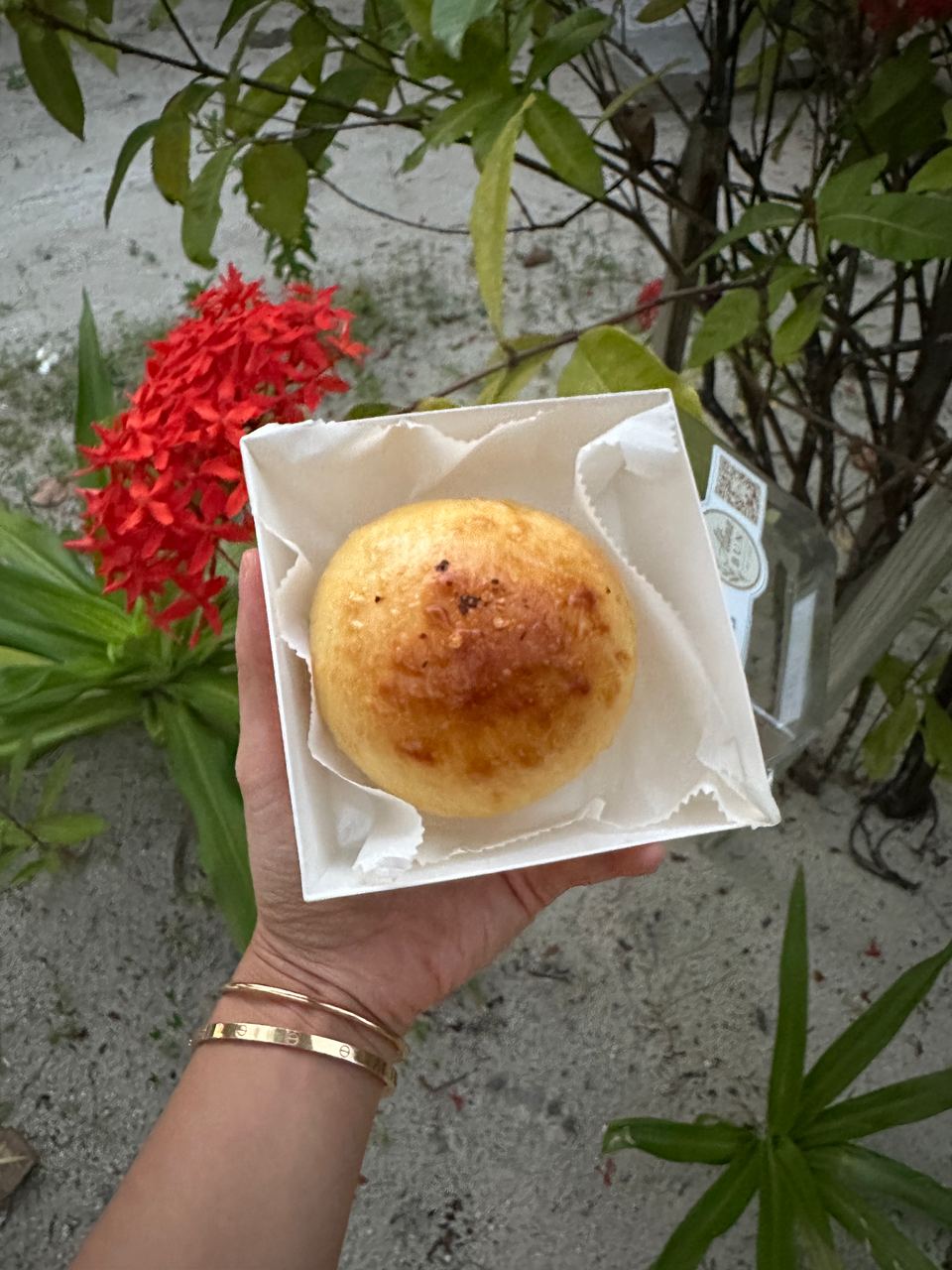 A tuna bun in its box in front of red ixora flowers