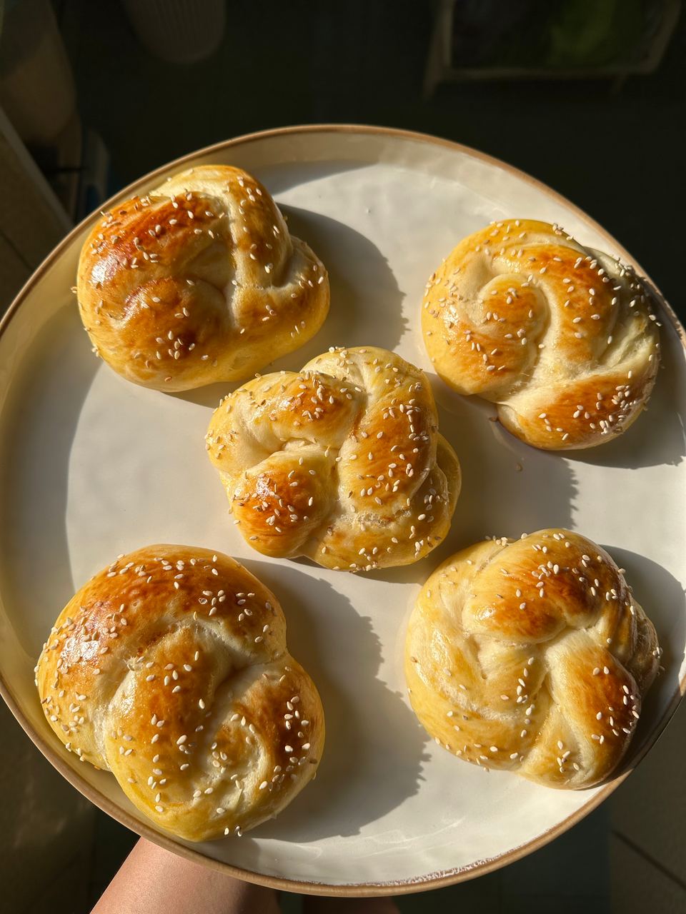 Sesame knot buns casting long shadows on a plate